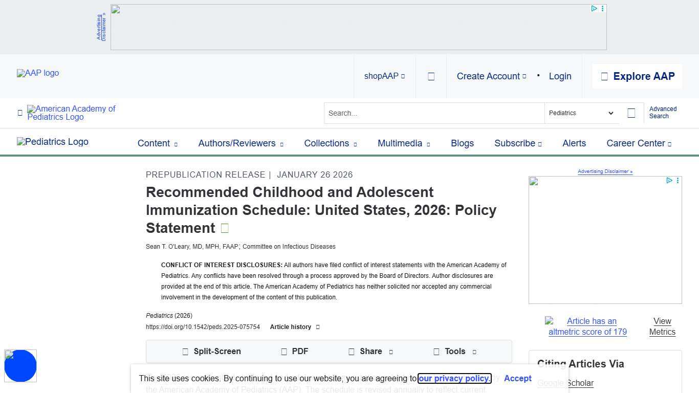 Recommended Childhood and Adolescent Immunization Schedule: United States, 2026: Policy Statement Pediatrics American Academy of Pediatrics